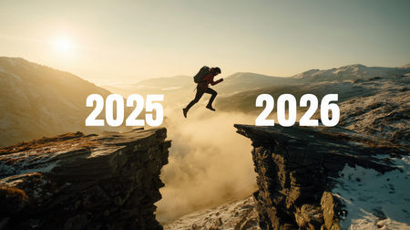 A person jumps between cliffs labeled 2025 and 2026